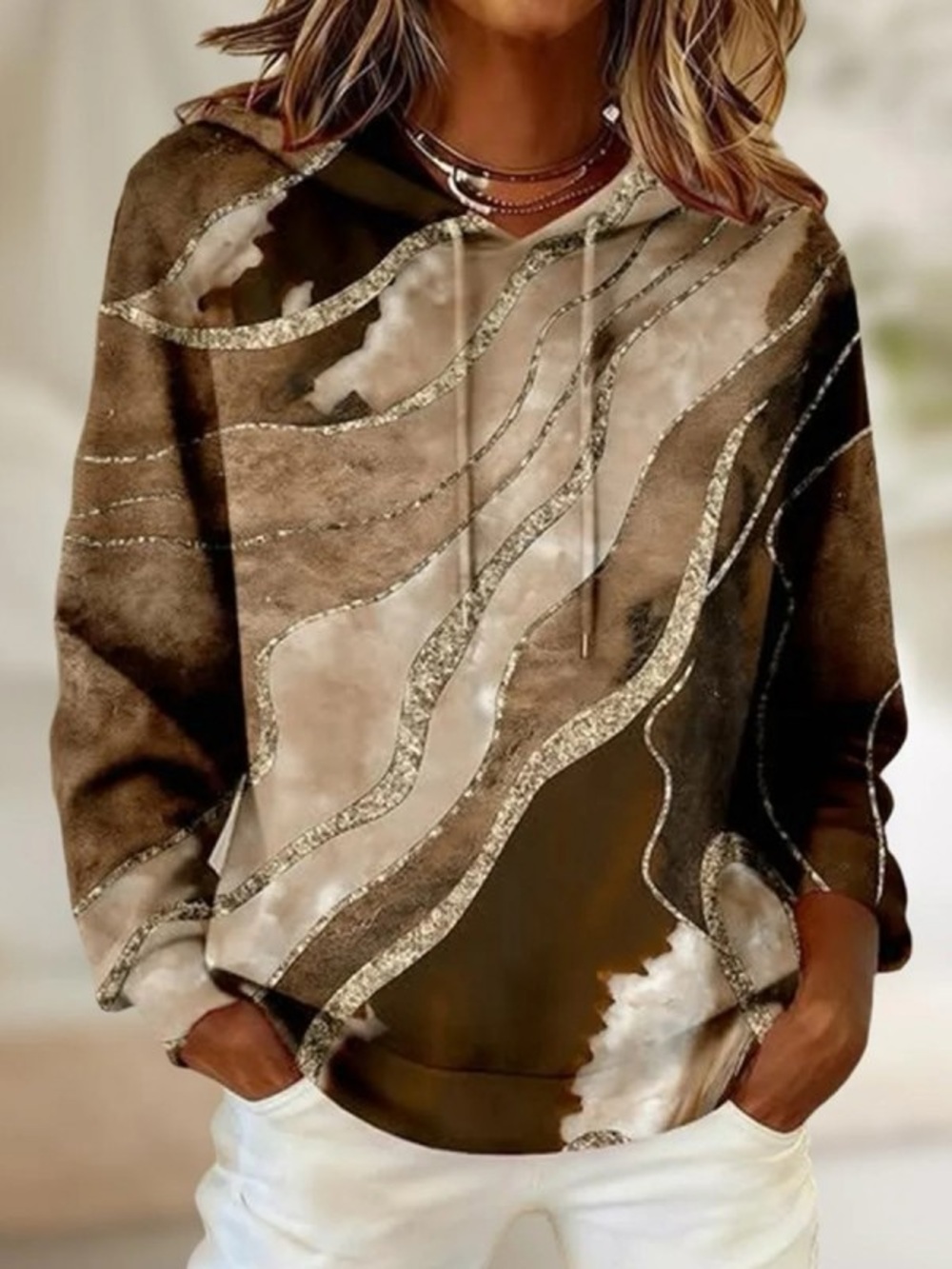 Women’s Brown & Cream Marble Abstract Wave Hoodie XL